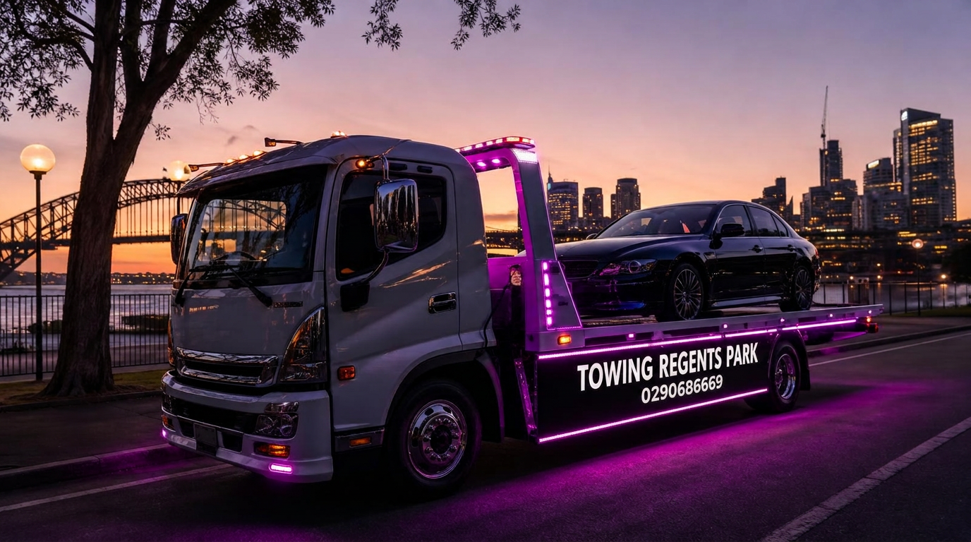 Towing Regents Park tow truck carrying a car