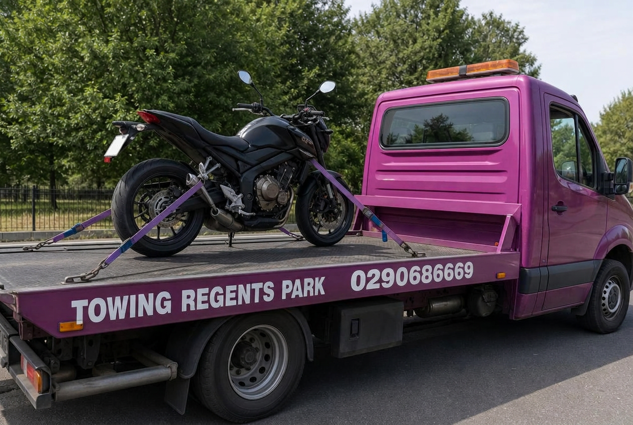 Motorbike strapped securely on a Towing Regents Park tow truck